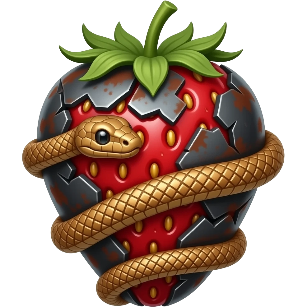 steampunk - rusty broken mechanical steel black strawberry, wrapped in bronze snakes emoji