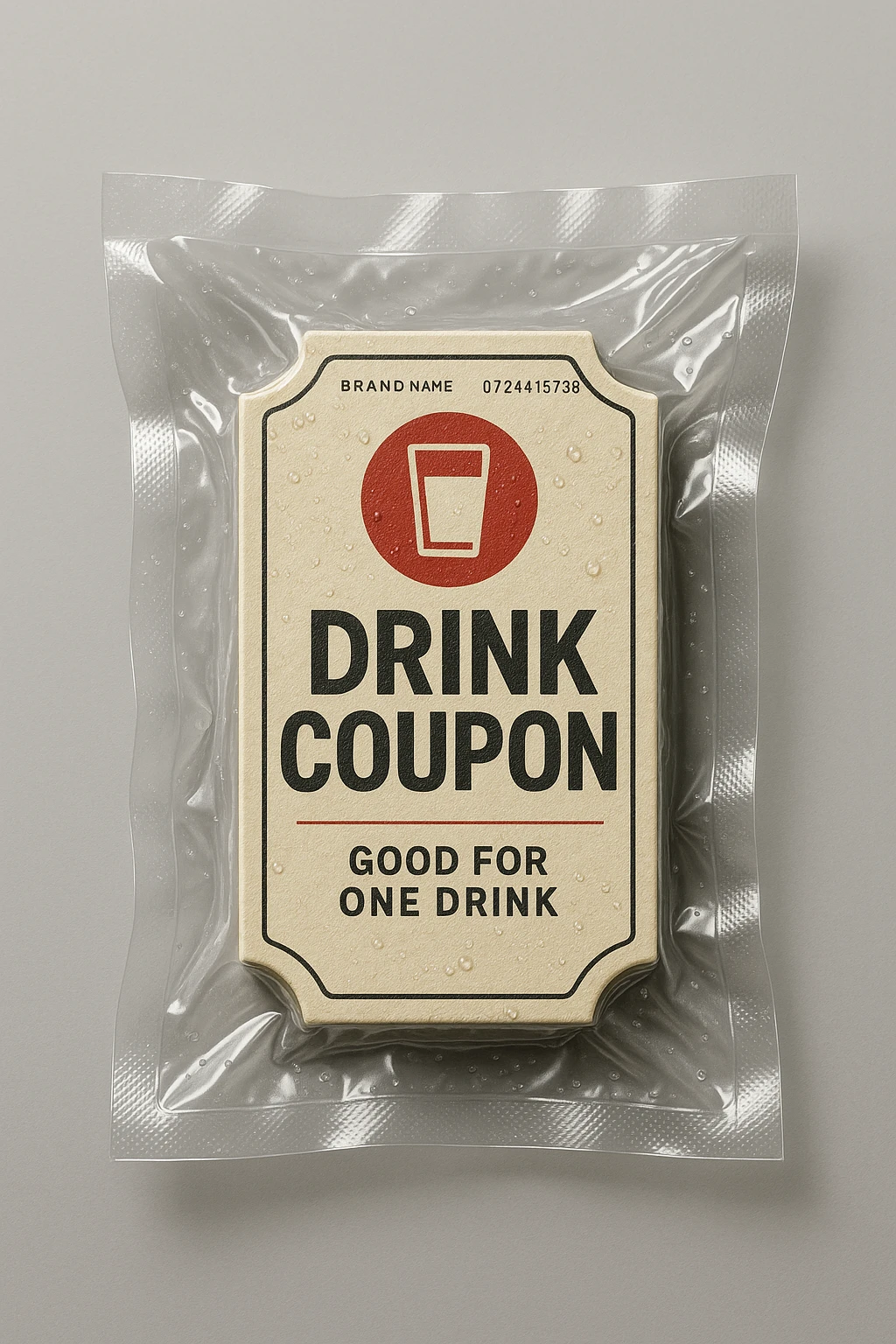 A detailed, realistic image of a drink coupon. The coupon should feature the attached logo prominently displayed on the package. Ensure the design is visually appealing, with clear text indicating it's a coupon for a drink, and incorporate realistic textures and lighting to enhance the lifelike appearance. emoji
