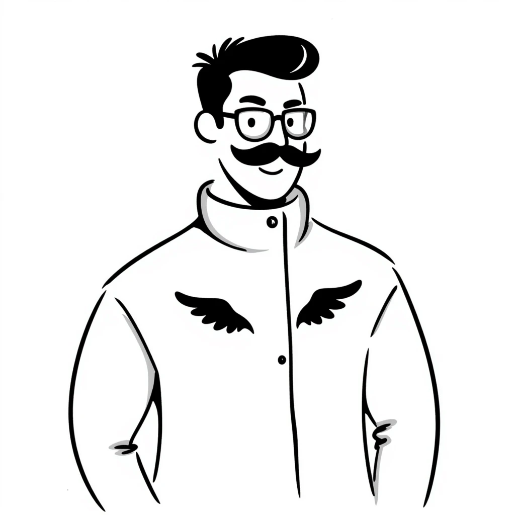 pumped up white male, glasses, buzz cut black hair, handlebar mustache black, two wings tattooed on his chest emoji