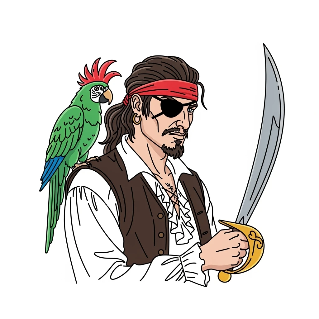color vector art with thin outline of pirate with eye patch and parrot on shoulder  emoji