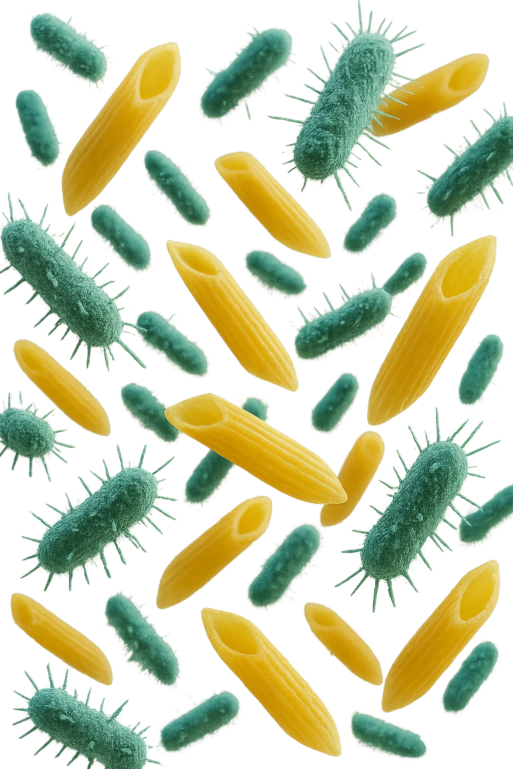 BATTERI intestinALI FLUTTUANO IN ARIA CON PENNE DI PASTA RIGATE, IPERREALISTICO 4K emoji