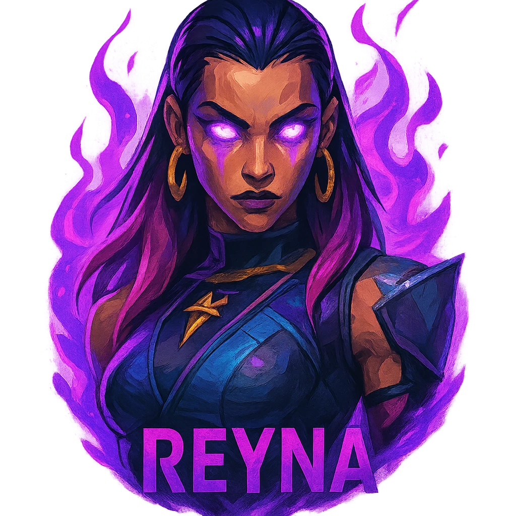 Reyna from Valorant, stylized portrait, glowing eyes, purple aura, game character, vibrant colors emoji