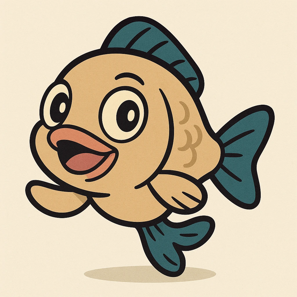 Animal Crossing style fish, playful pose, big eyes, simple background emoji