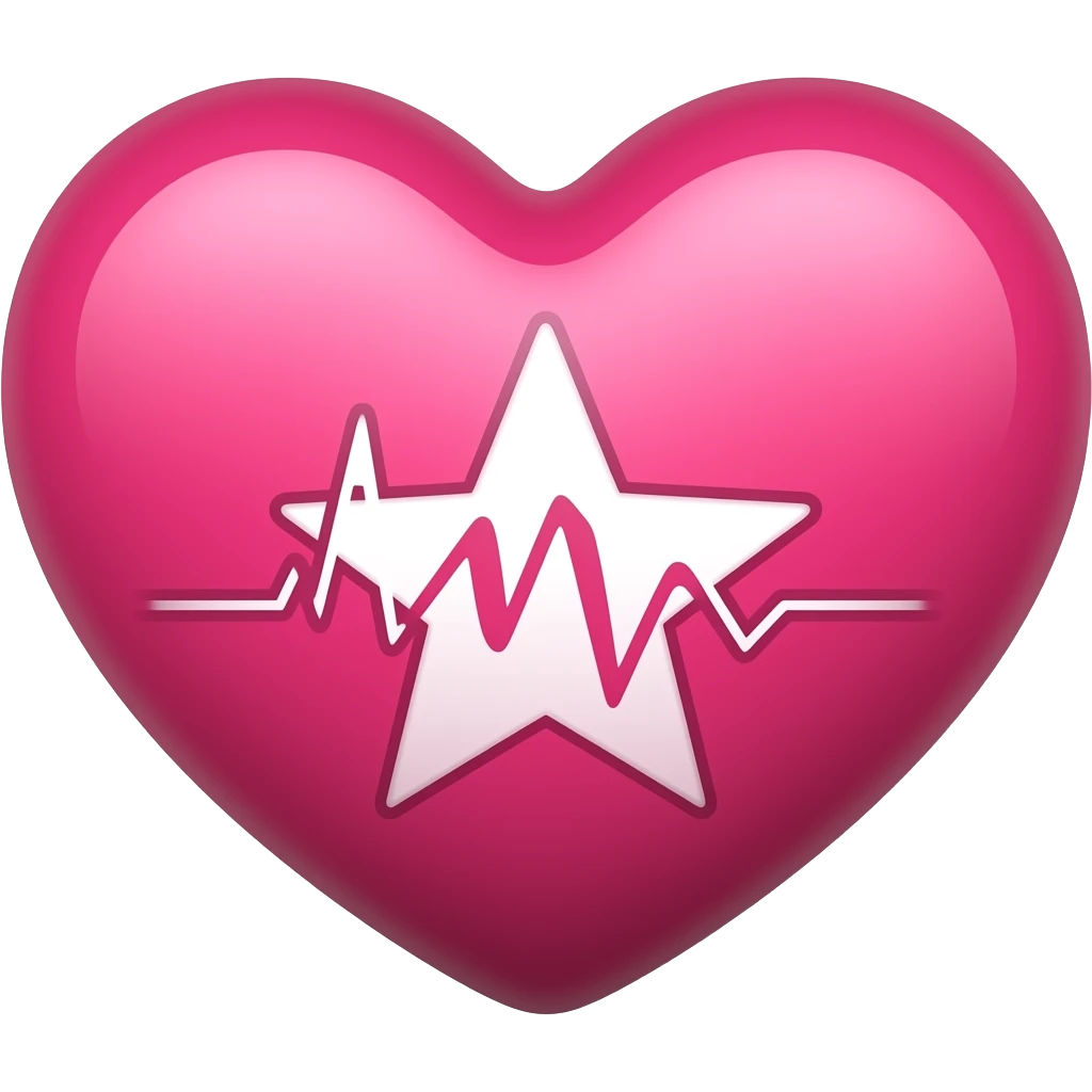 Quiero un corazón color rosa fuerte con una estrella y un latido emoji
