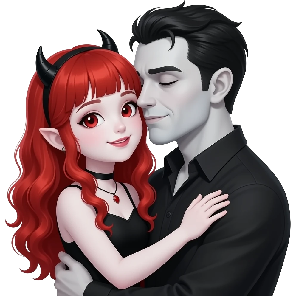 Bambina Vampiro femmina 12enne con capelli lunghi rosso fuoco ondulati e con una frangetta con pelle bianca  sta in braccio al papà VAMPIRO giovane pelle bianca e gli da un bacio sulla guancia emoji