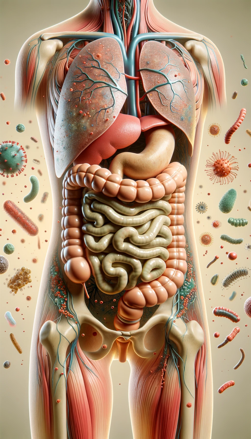 intestino umano anatomico con batteri e parassiti che gli fluttuano dietro, sfondo beige chiaro emoji