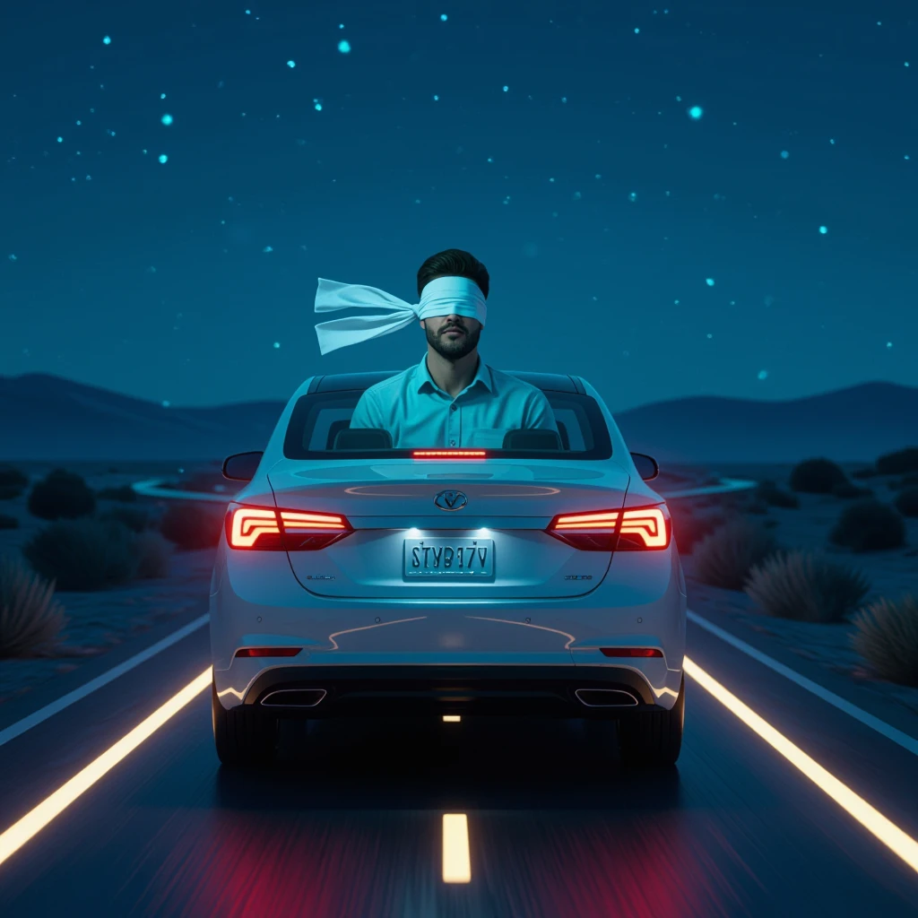 A car driving on a glowing road with a blindfolded man sitting inside. emoji