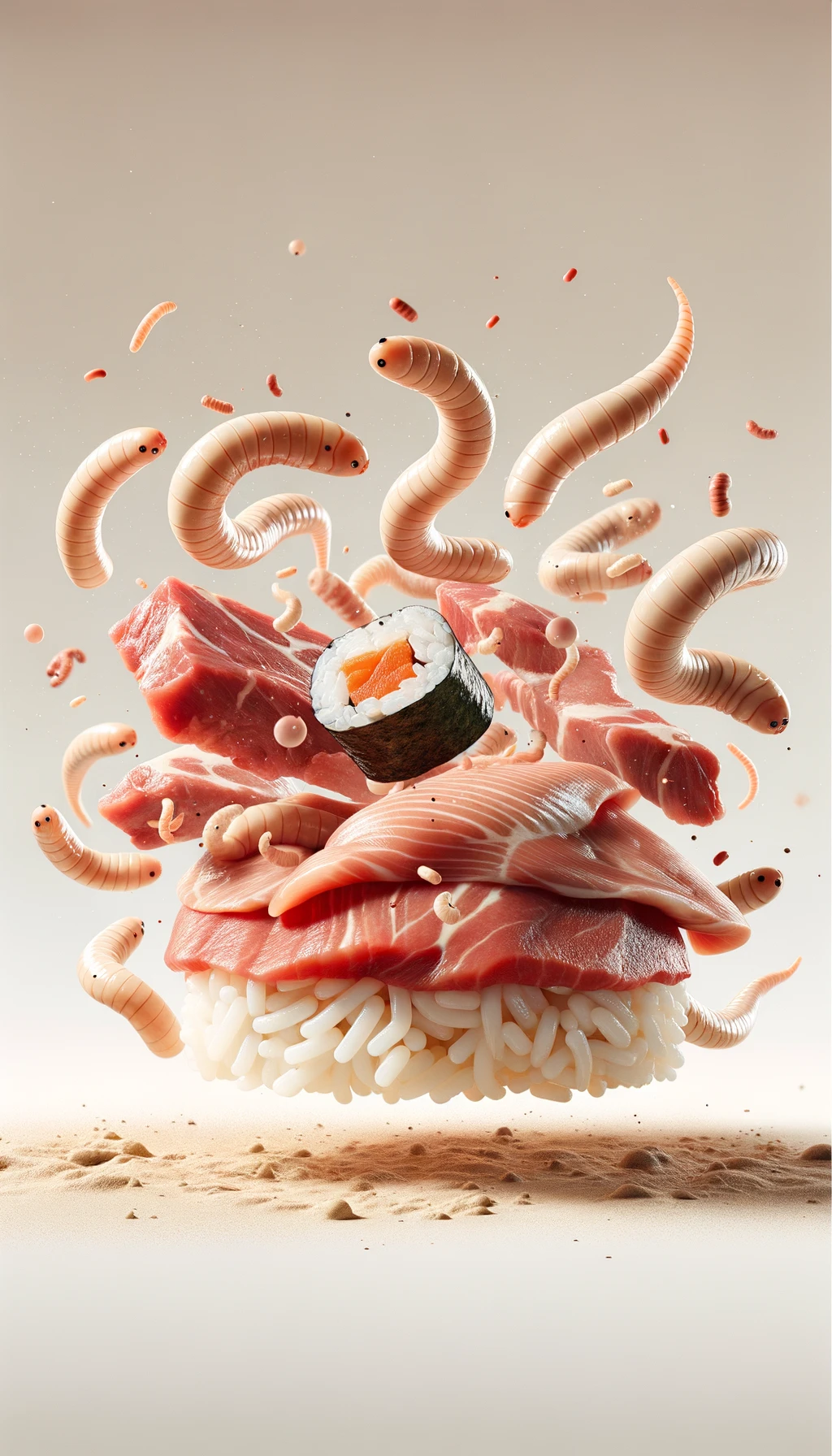 carne cruda fluttua insieme a sushi, intorno a loro fluttuano vermi lunghi e beige chiaro, sfondo neutro chiaro, iperrealistico 4k emoji