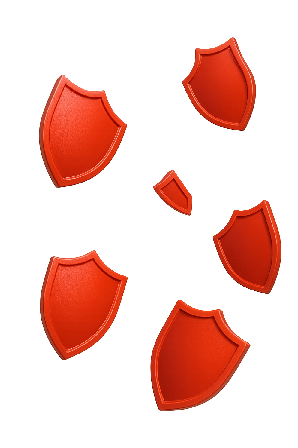6 scudi 3d rossi che simboleggiano "difesa e protezione", cadono dall'alto casualmente, realistici in 3d, iperrealistico 4k emoji