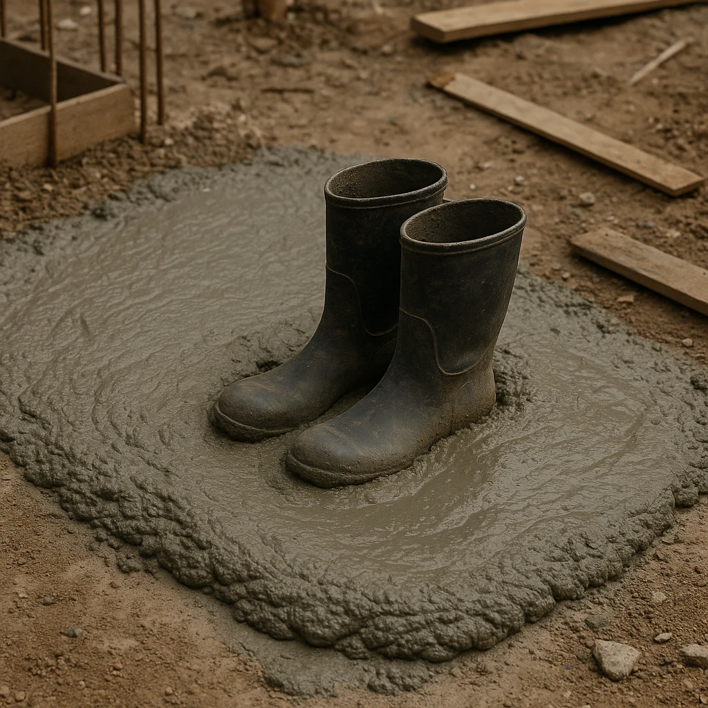 На строительной площадке видно застывший влажный бетон. В центре — пара старых резиновых сапог, частично утонувших и застывших в цементе, будто кто-то случайно оставил их там emoji