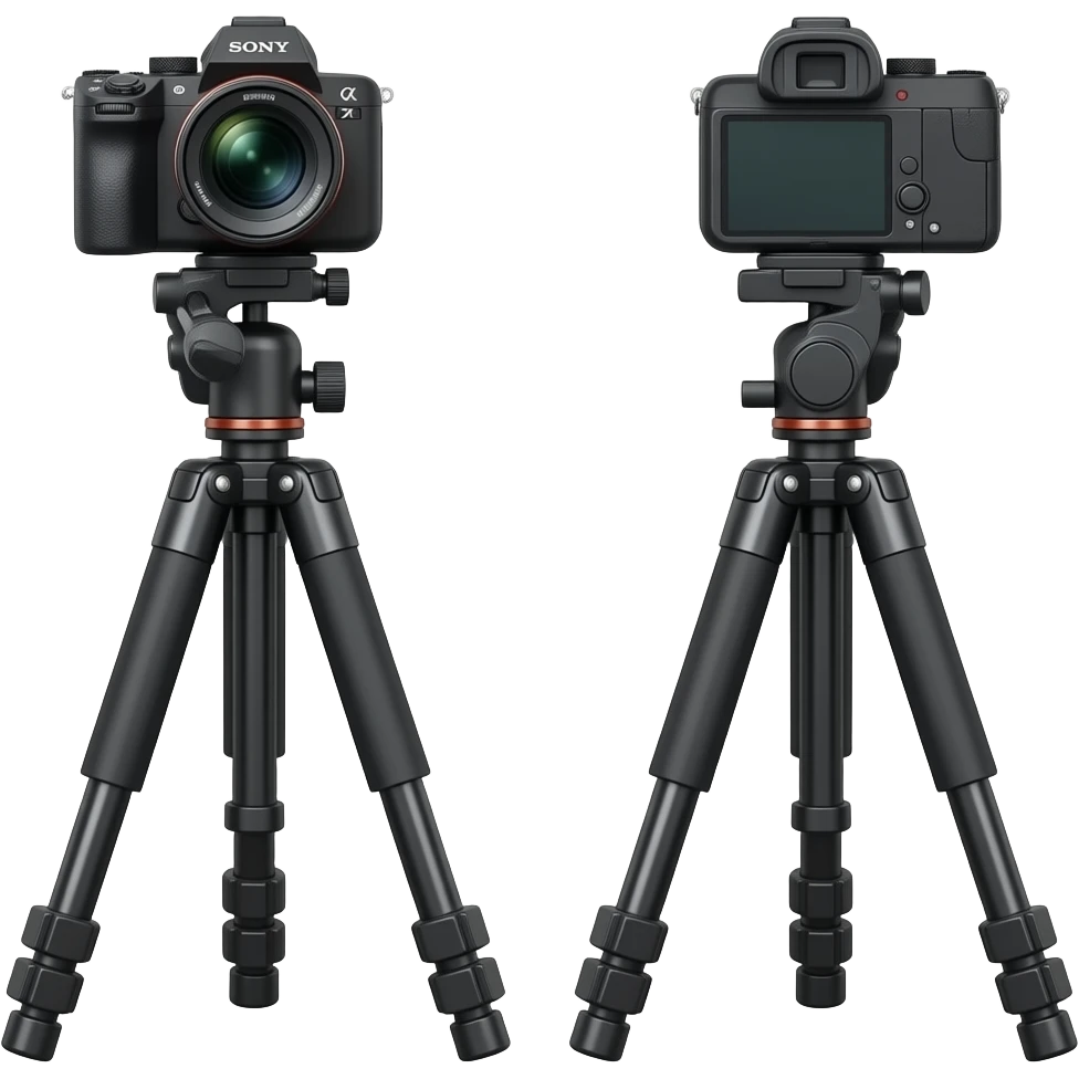 Sony camera on heavy-duty tall tripod Looking straight ahead top down, turn the camera 180degrees to face the other way emoji