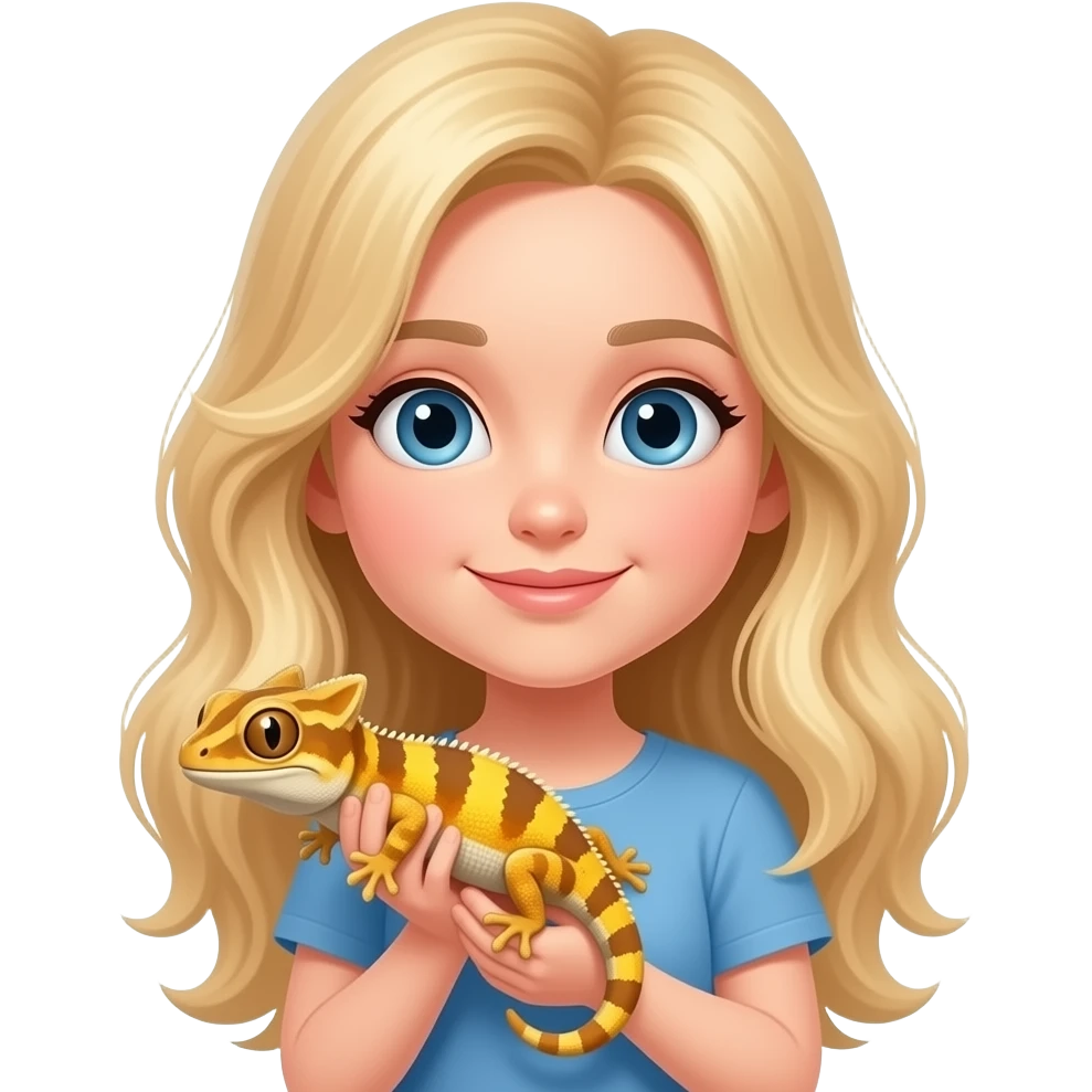 Blonde hair blue eyed girl holding a tan yellow and orange crested gecko emoji