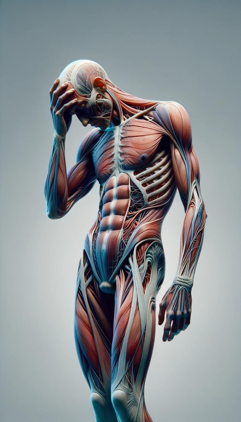 CORPO UMANO ANATOMICO A FIGURA INTERA STANCO CON MANO SULLA FRONTE, IPERREALISTICO 4K emoji