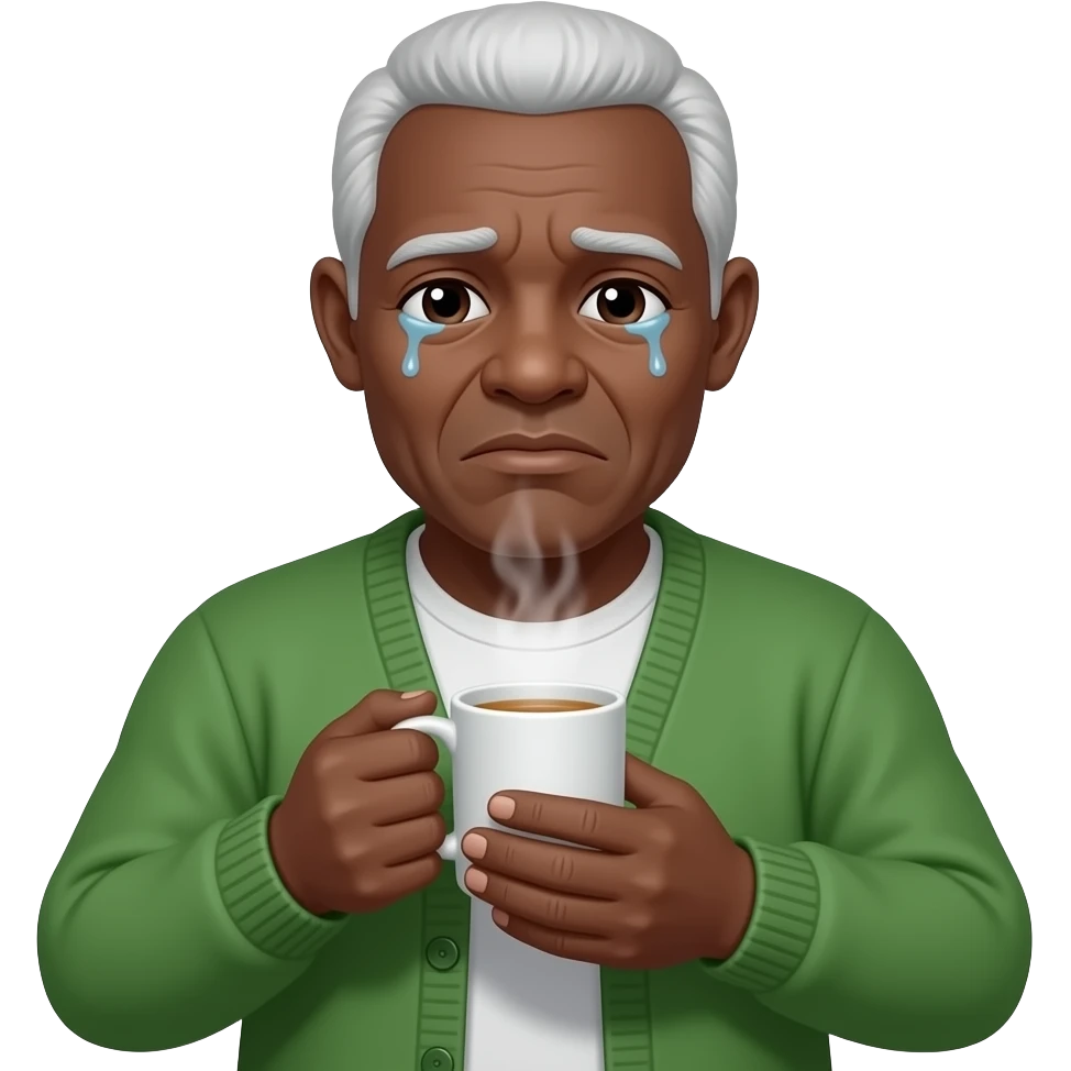 sick old black man in green  holding hot drink, looks more sick face emoji