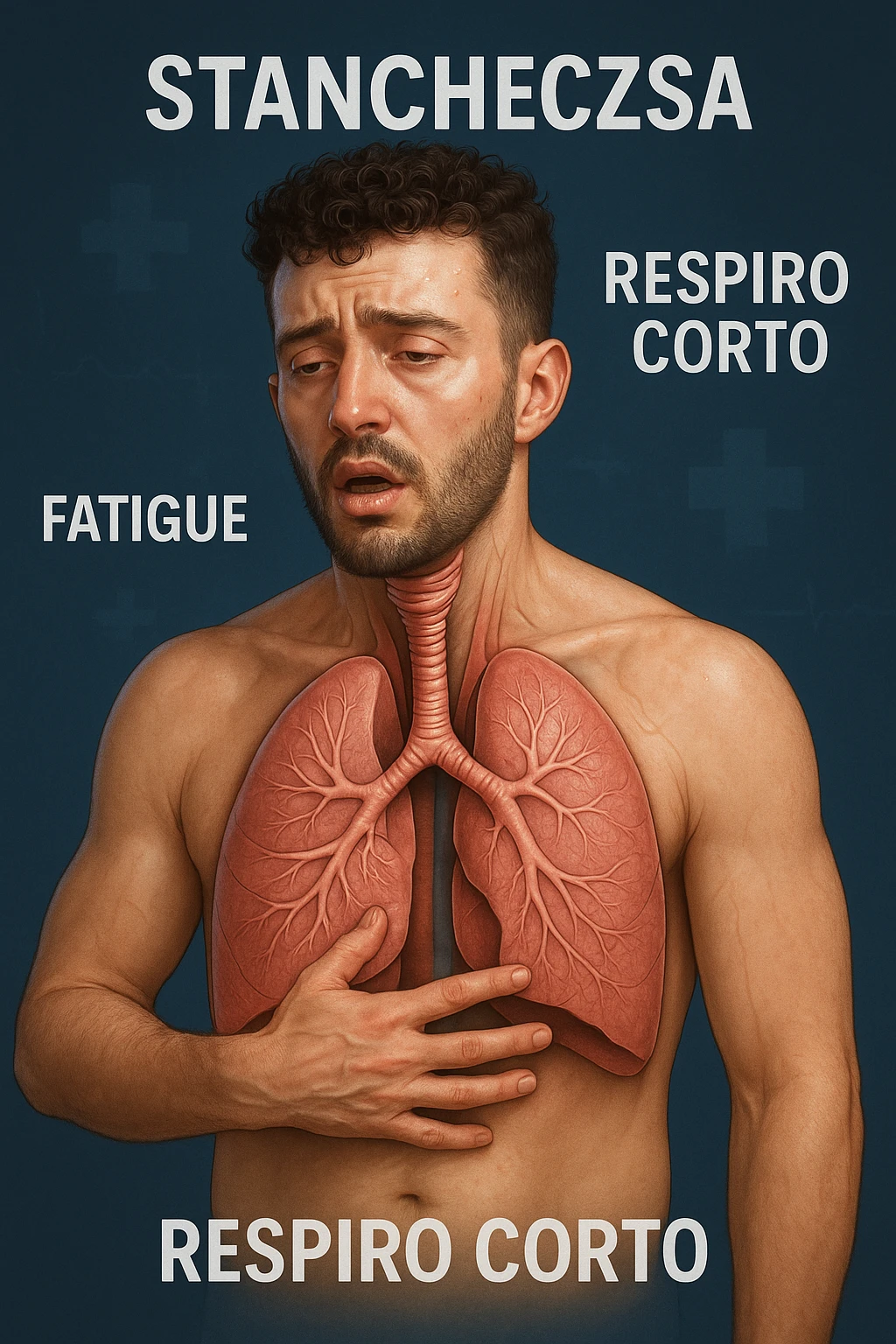 Uomo con stanchezza e respiro corto vista anatomica immagine realistica in 3D in italiano emoji