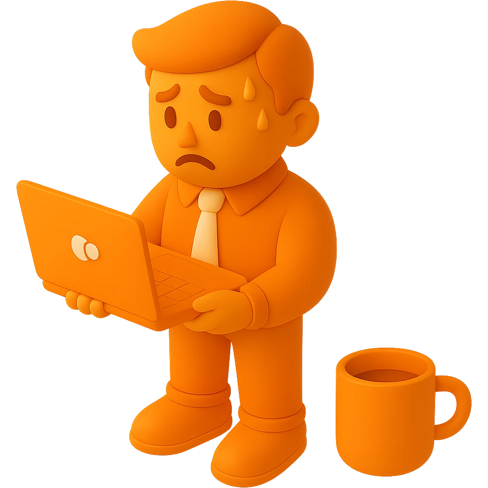 Add a 3D orange coffee cup to the scene with the sweating male employee holding a laptop, keeping the 3D Orange style and no background. emoji