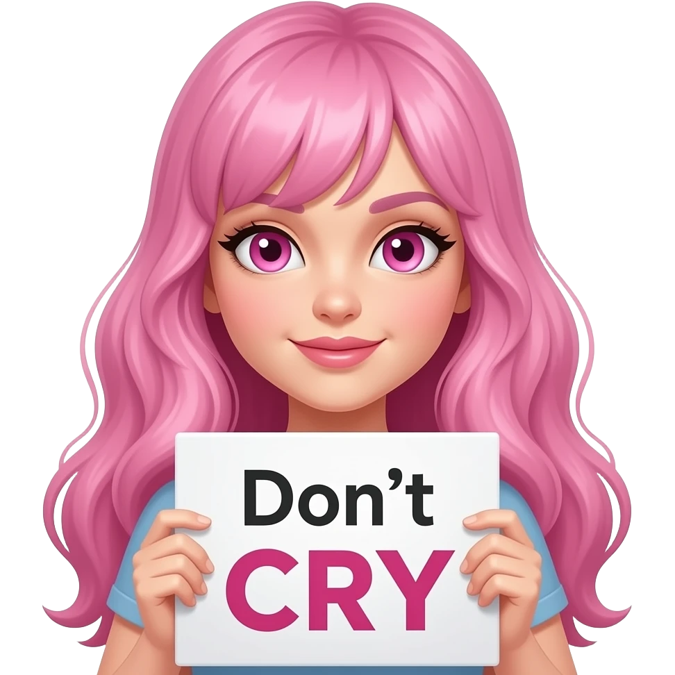 sexy girl with long pink hair and pink eyes holding Don't CRY sign emoji
