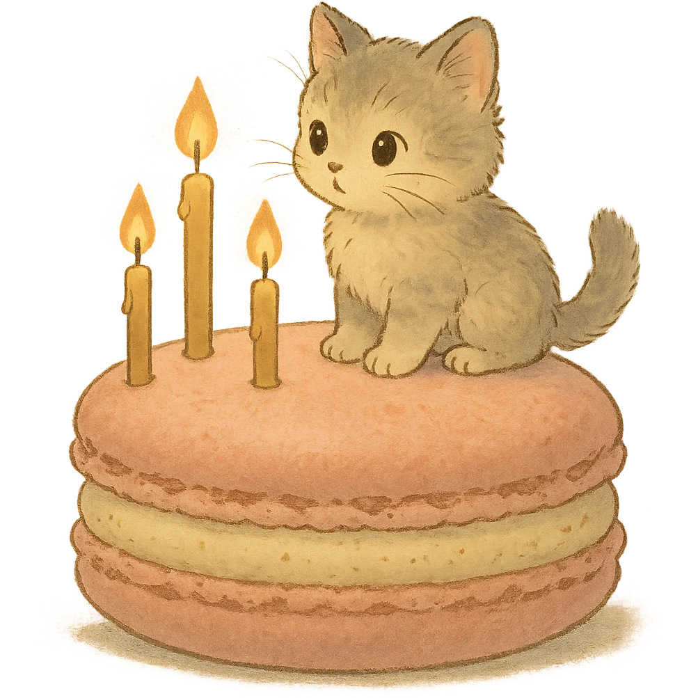 kitten riding giant macaron with candles, soft Ghibli style emoji
