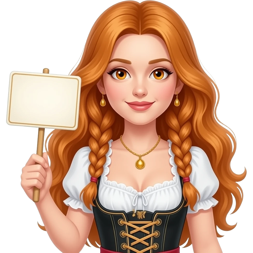 sexy girl with overlong ginger hair in braids and ginger eyes wearing a dirndl holding a FREILI sign emoji