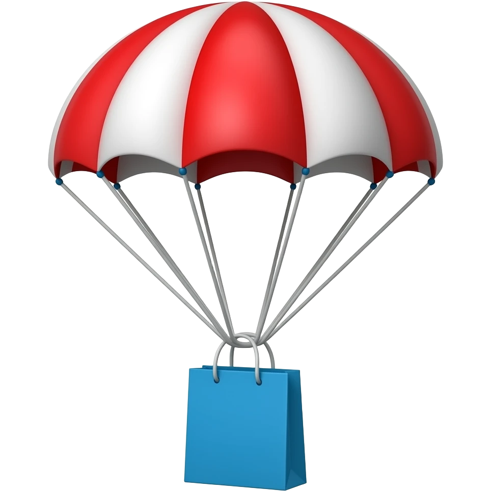 red parachute holding a blue paper bag emoji