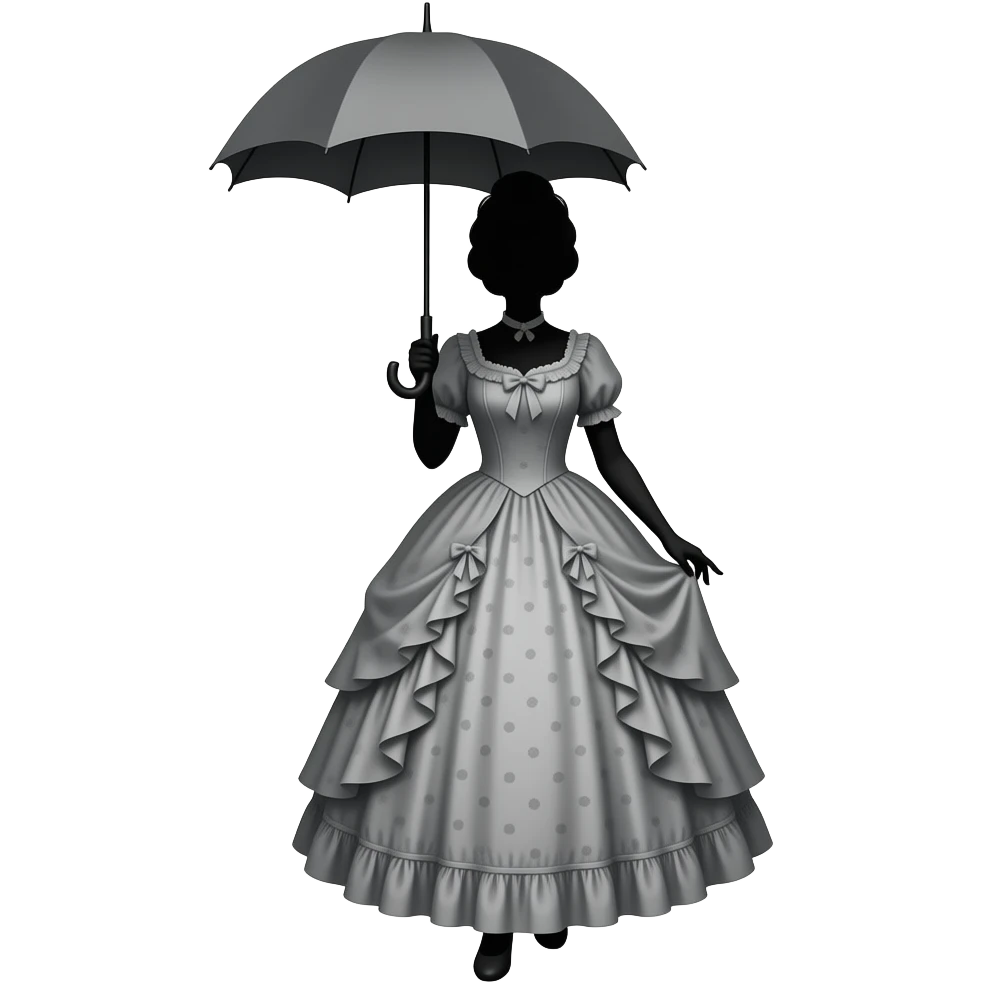 silhouette mary poppins style female in old victorian dress holding umbrella up above head and feet pointing out forwards emoji