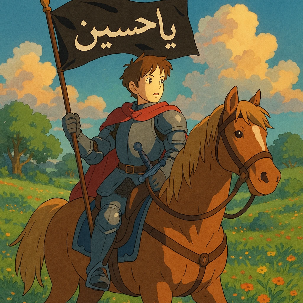 A knight with light on his face riding a horse, holding a banner with “Ya Hussein” written on it in Arabic, and holding a sword Tokijin In the sheath emoji
