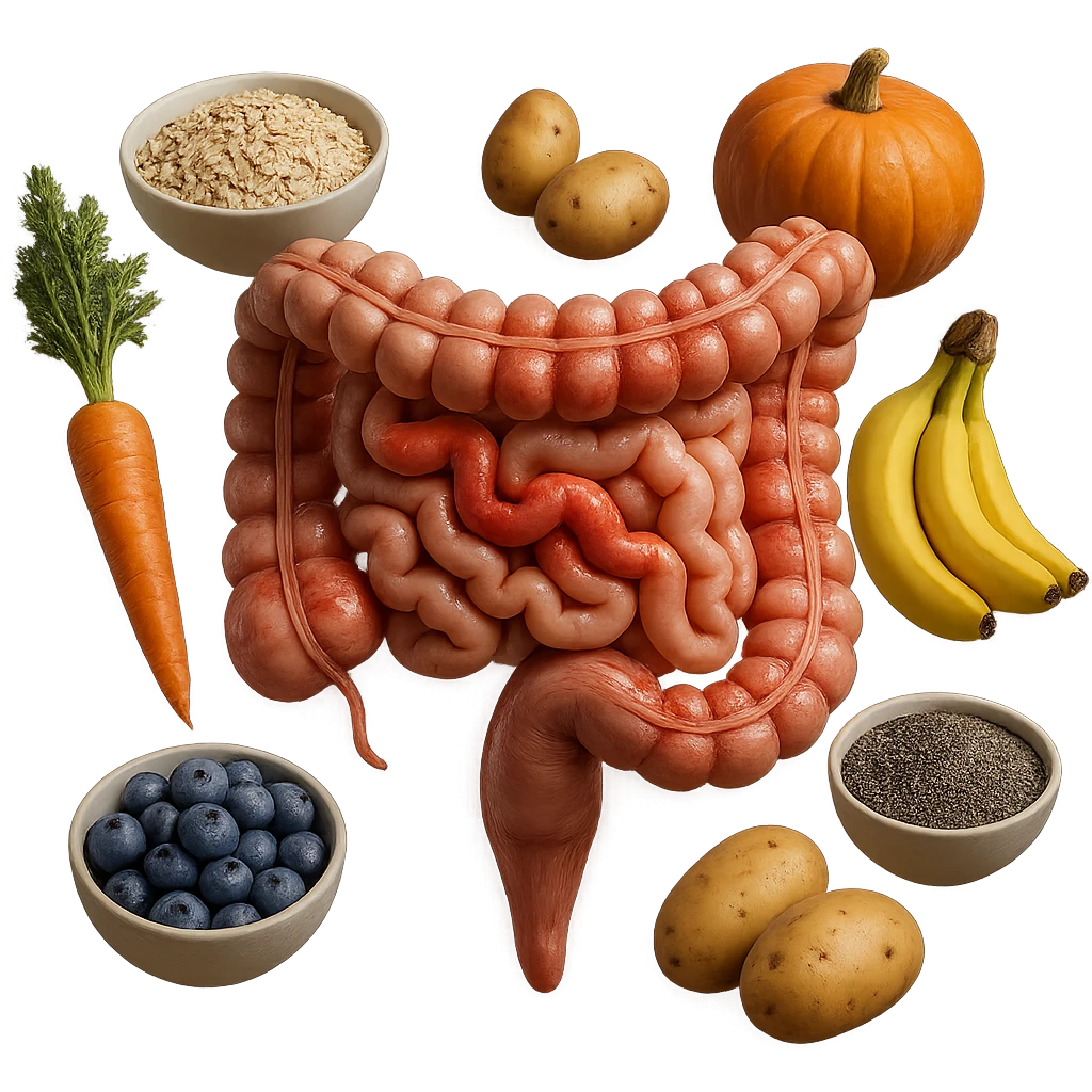 intestino umano anatomico infiammato con carota, bowl di avena, mirtilli, bowl di semi di chia, patate, banane, zucca, bowl di riso che gli fluttuano dietro, iperrealistico 4k emoji