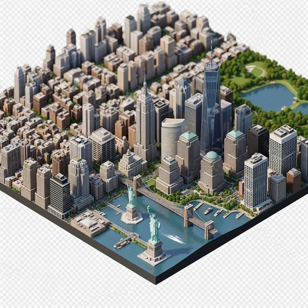 Isometric miniature of New York Сity Empire State Building, One World Trade Center, Statue of Liberty, Brooklyn Bridge, and Central Park chaotic low-rise blocks in outer boroughs 3D miniature effect and Tilt Shift effect, no cartoonish look, transparent background. emoji