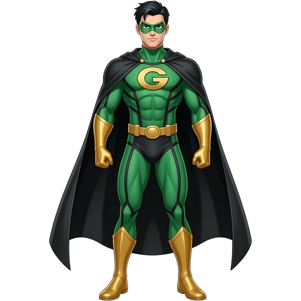 Anime male superhero suite all green and gold lines black long black cape green masks look superstrong black slick hair letters G on the suite very tall full body emoji