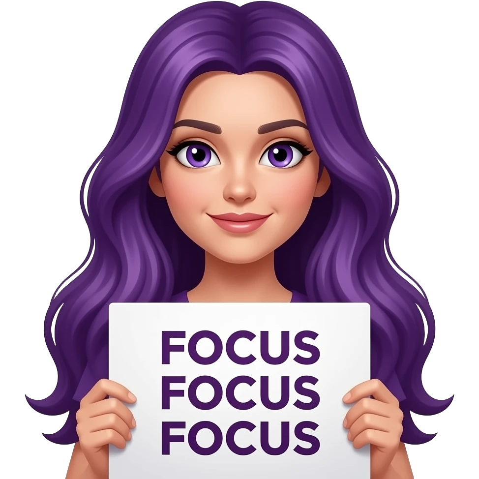 sexy girl with long purple hair and purple eyes holding a FOCUS FOCUS FOCUS sign emoji