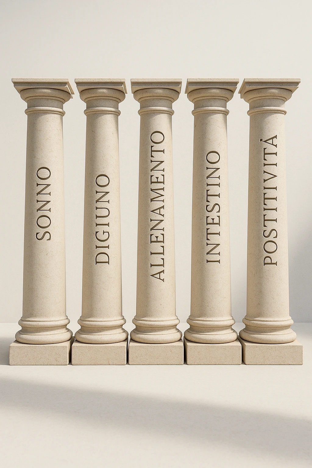 5 pilastri con le scritte "SONNO", "DIGIUNO", "ALLENAMENTO", "INTESTINO", "POSITIVITà" IMMAGINE IPERREALISTICA SFONDO CHIARO IN ITALIANO emoji