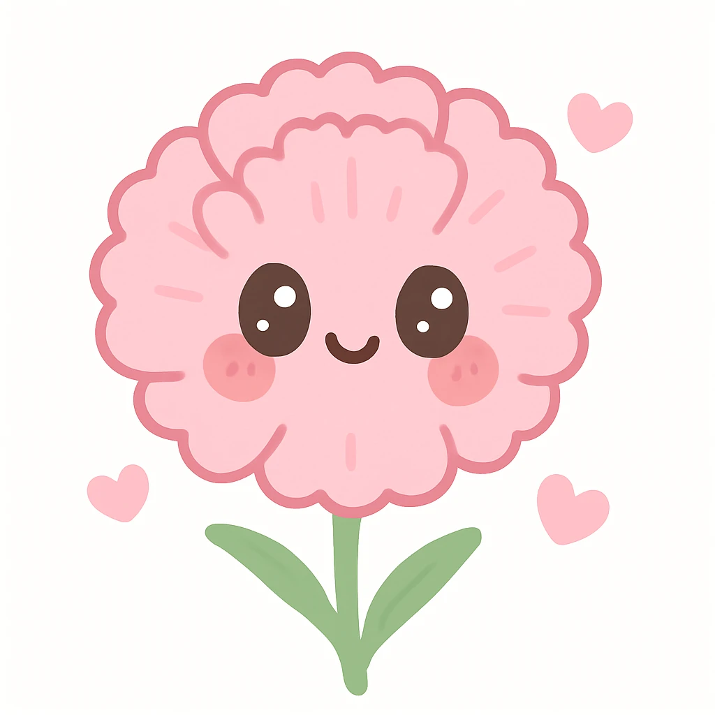 kawaii style carnation flower, big eyes, blushing cheeks, pastel pink petals emoji