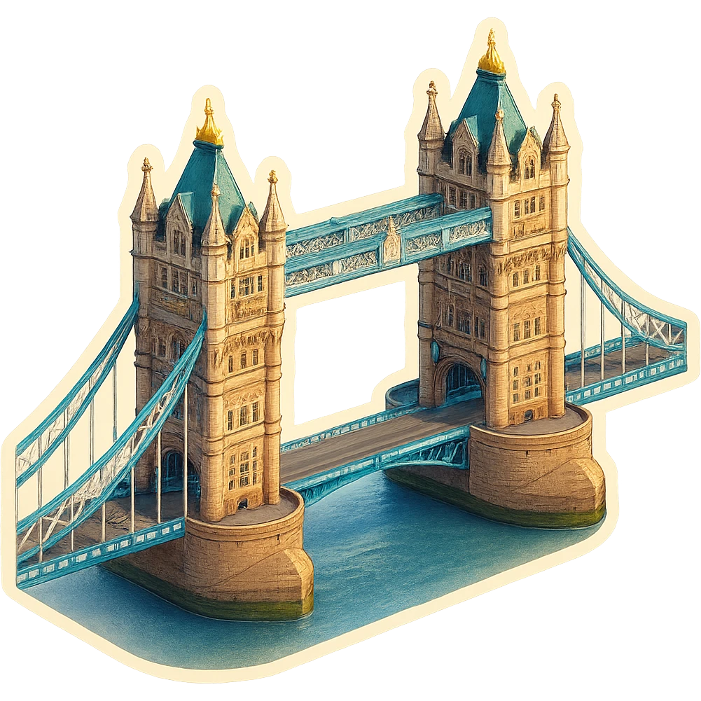 Isometric illustration of photorealistic Tower Bridge in London, detailed towers and suspension sections, subtle brick and metal textures, miniature style with soft shadows, transparent background. emoji