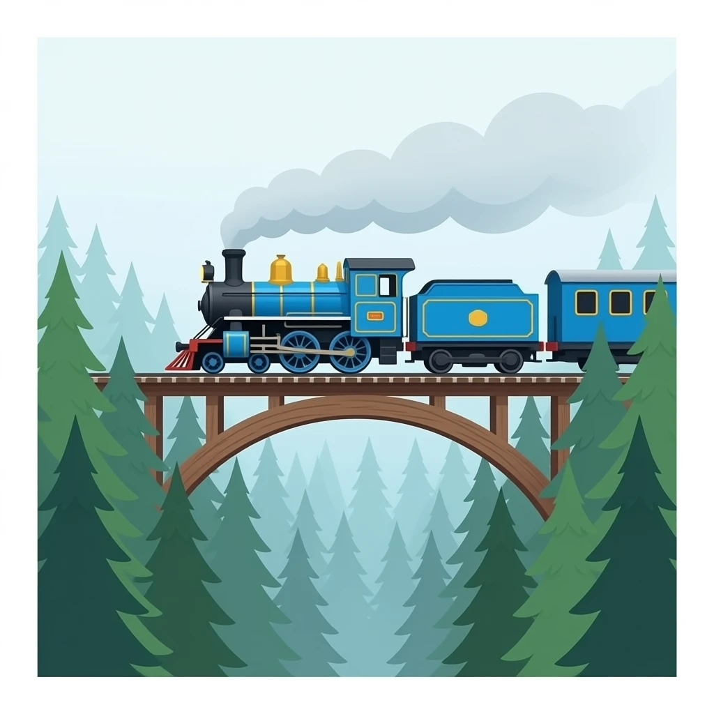 Blue steam train in a bridge of a forest emoji