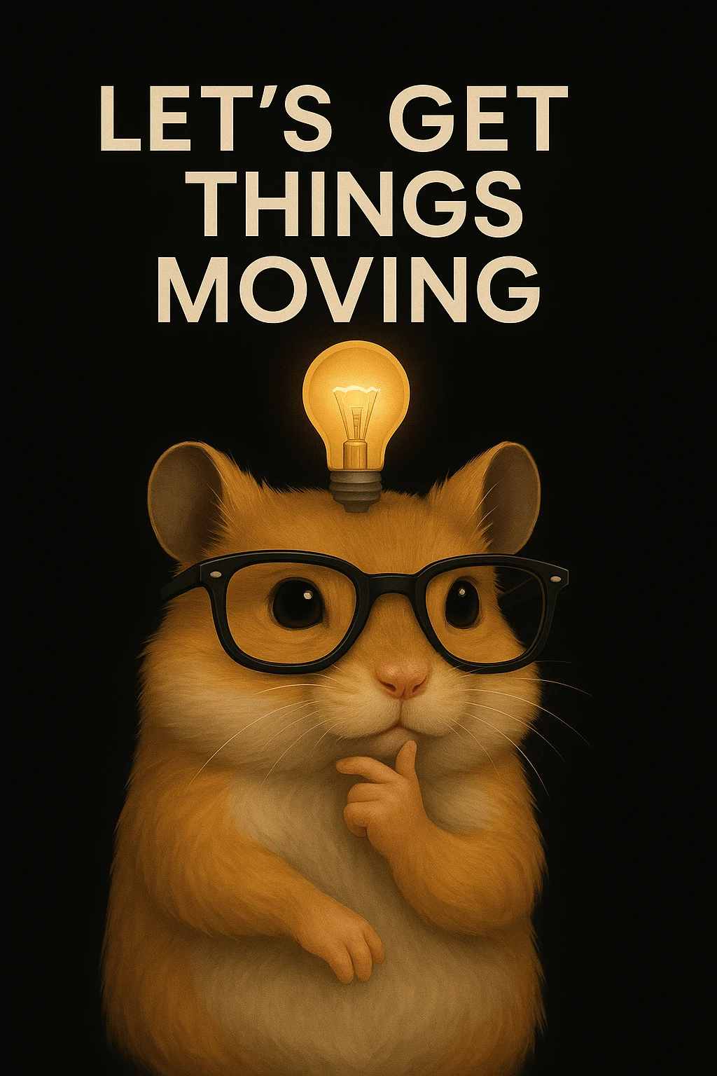 Add the text 'Let’s Get Things Moving' in a modern, clean font above or beside the modern, semi-realistic hamster with cool glasses and a lightbulb on a solid black background. Maintain the modern, semi-realistic style of the hamster with cool glasses and a lightbulb as in the reference image. emoji