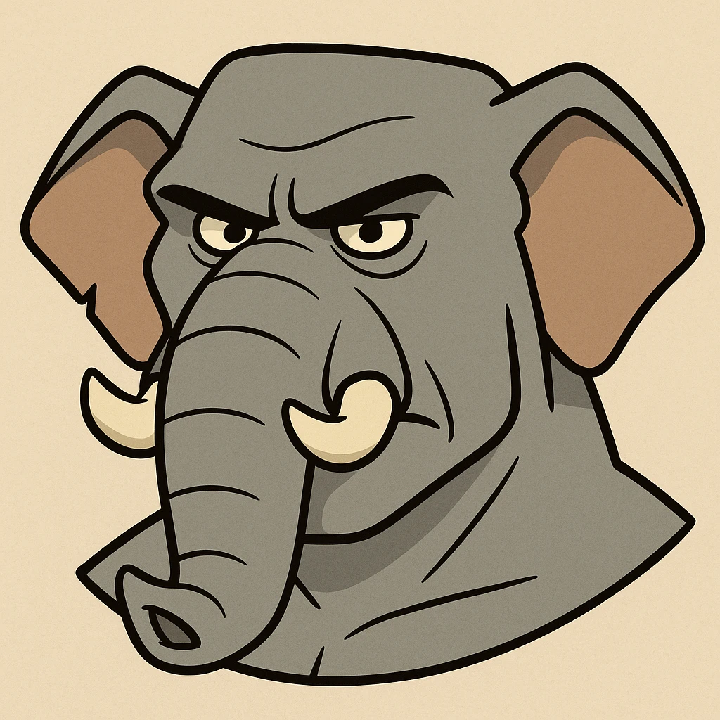 masculine elephant head, cartoon style, broad forehead, pronounced jaw, commanding presence emoji