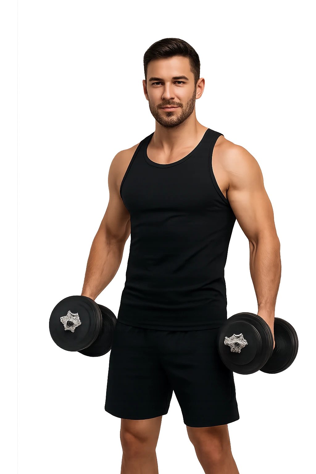 uomo fitness in forma con manubri da palestra in mano, isolata su sfondo bianco emoji