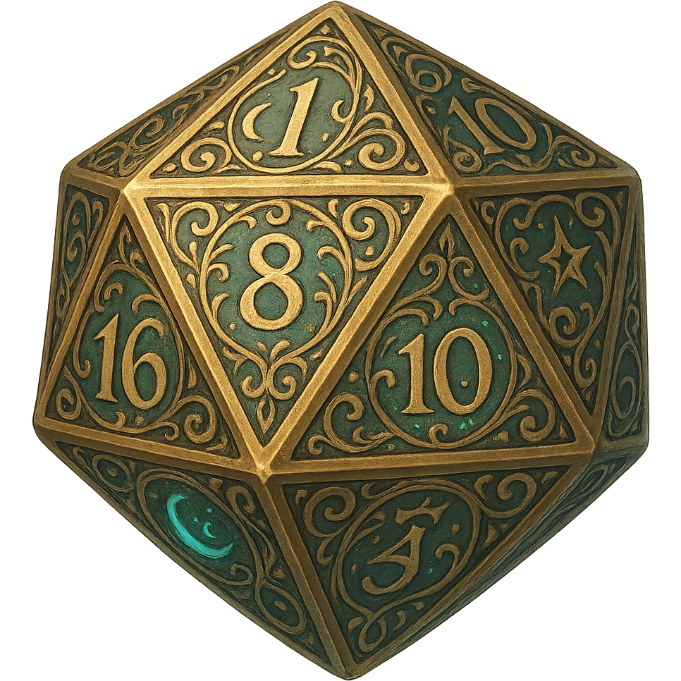 D20 dice, fantasy style, ornate engravings, mystical symbols, elegant emoji