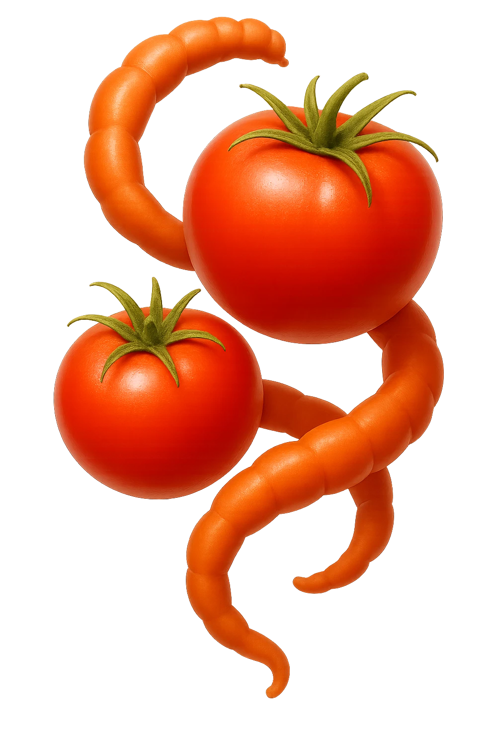 emoji stile iphone di pomodori che fluttuano in aria con colon attorcigliato intorno, iperrealistico 4k, isolato su sfondo bianco emoji