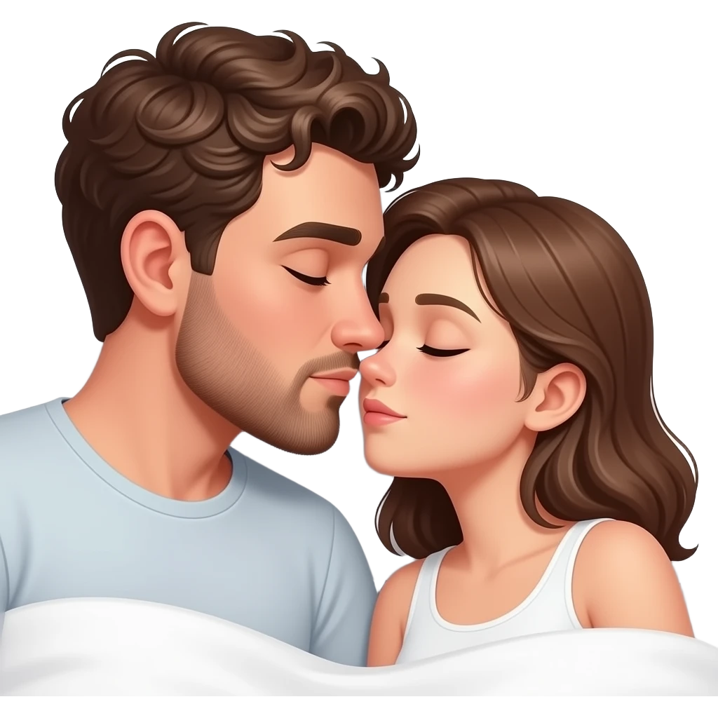 Realistic white man brown super short curly hair with beard round nose bridge kissing while sleeping in bed realistic white girl brown hair emoji