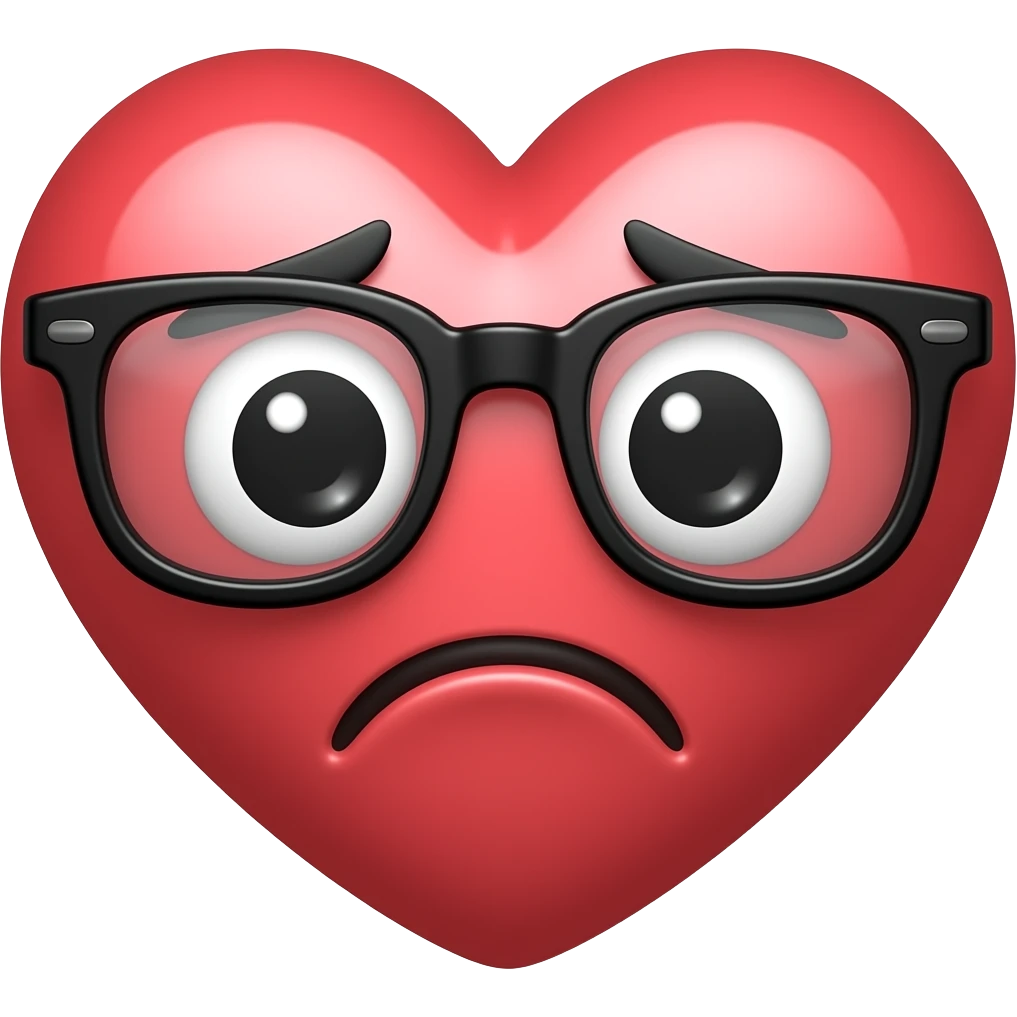 Nerd heart in glasses with sad face in y2k style emoji