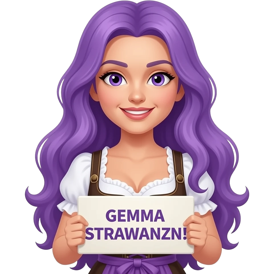 sexy girl with long purple hair and purple eyes wearing a dirndl holding a GEMMA STRAWANZN! sign emoji