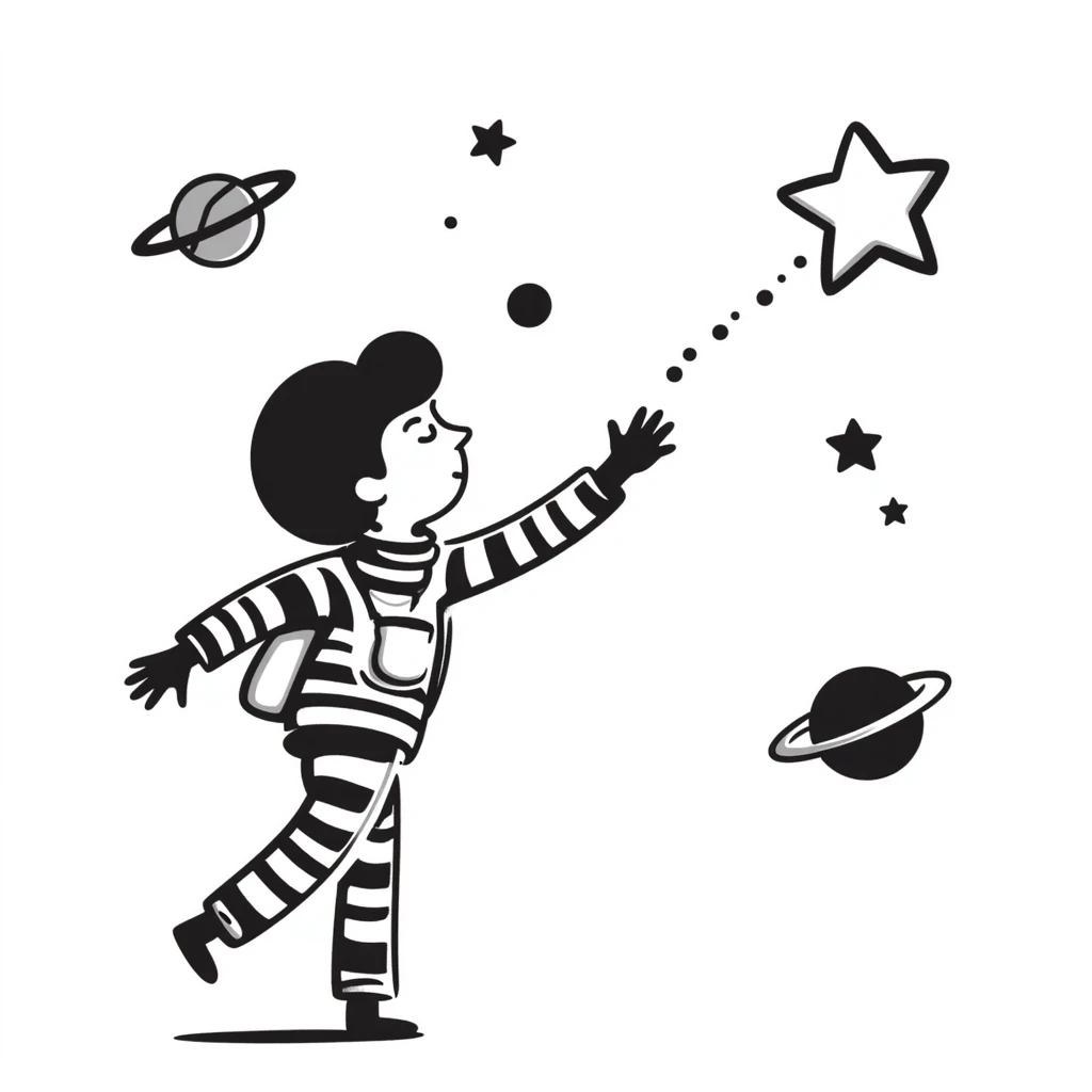 A hand-drawn whimsical space scene with stars and planets emoji