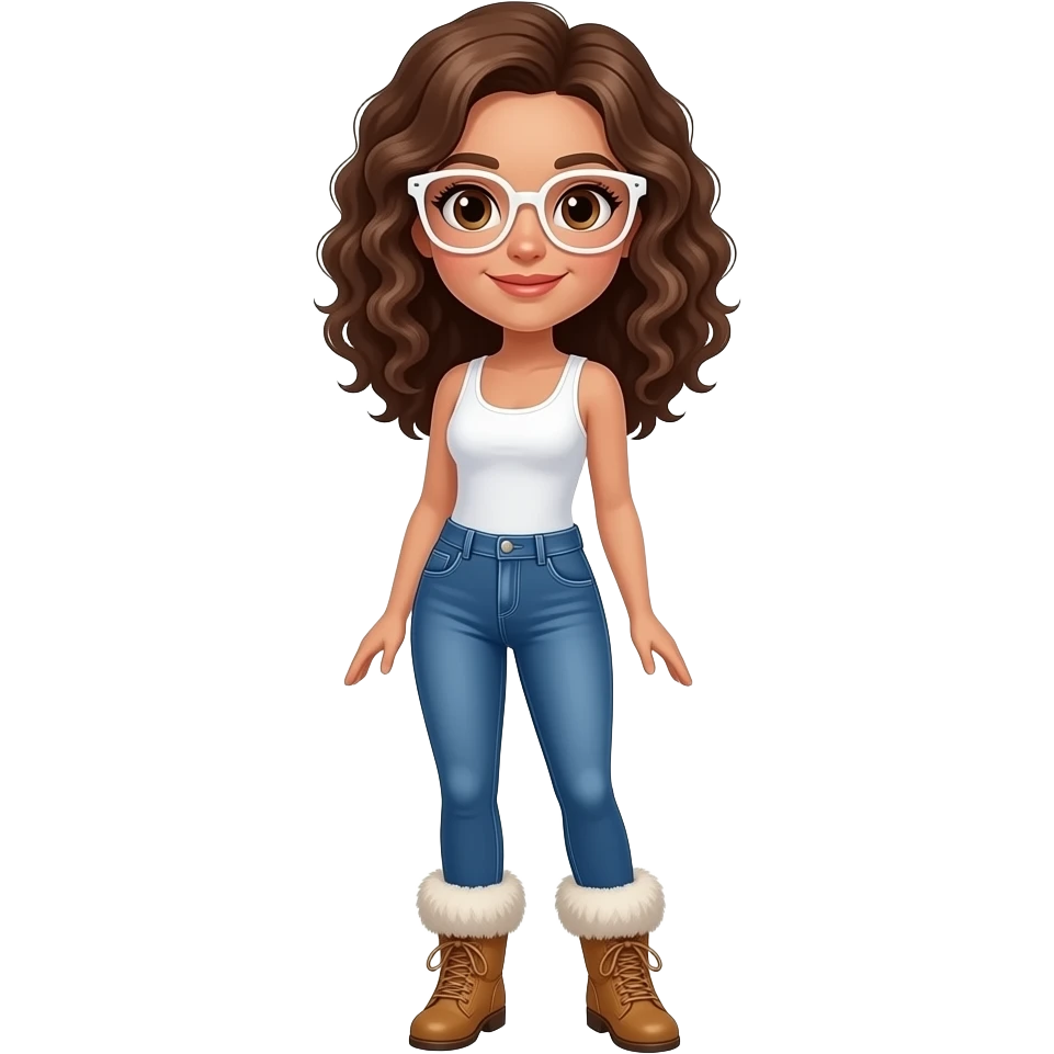 Create a white girl with white glasses and brown curly hair, brown eyes, has a white tank top and and bootcut blue jeans and fur boots emoji