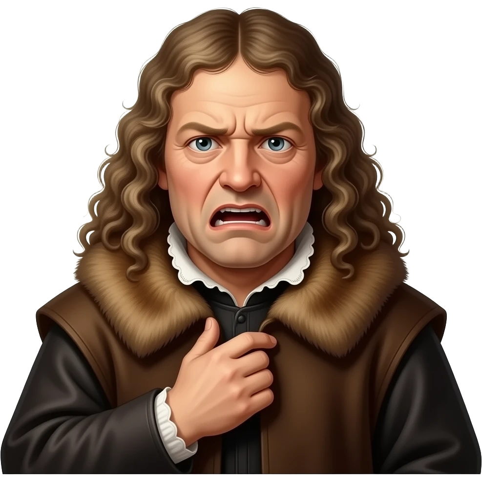 cinematic realistic - en face penetrating balanced tormented Albrecht Dürer Renaissance self-portrait with long curly hair in a cloak with a fur collar, in Renaissance dress, holding the fur collar with his left hand emoji