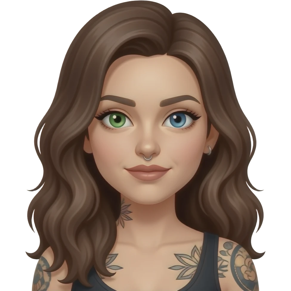 white long wavy haired brunette woman with one green eye one blue eye tattoos a philtrum piercing and a thin streak of grey hair emoji