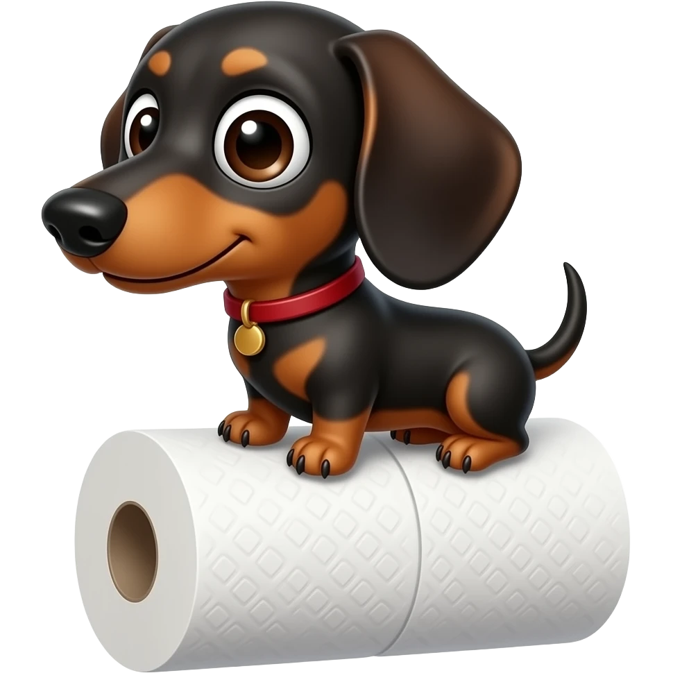 whimsical dachshund wide eyes full body sitting on a toilet paper ears up emoji