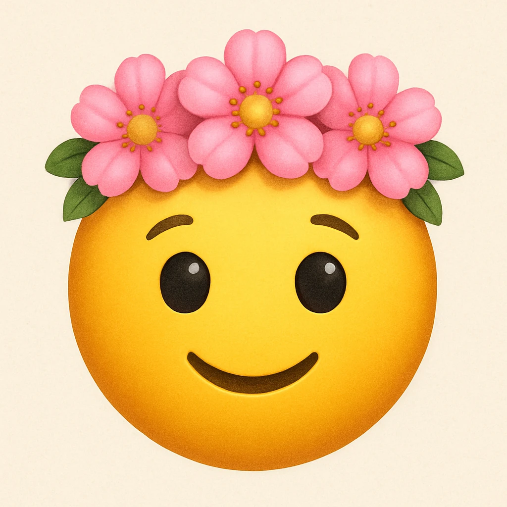yellow face with pink flower crown emoji, digital illustration emoji