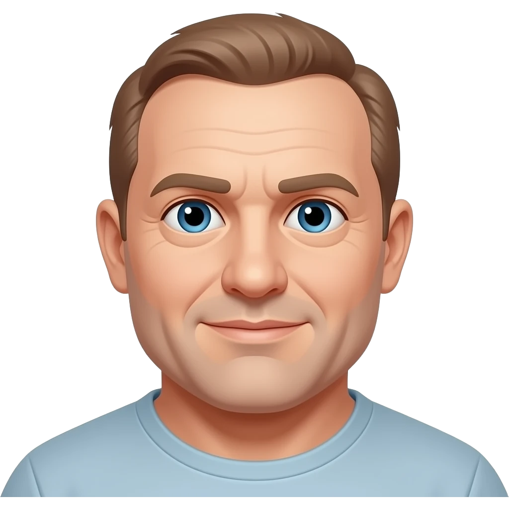 50 year old overweight man balding with light brown hair, receding hairline, and blue eyes emoji