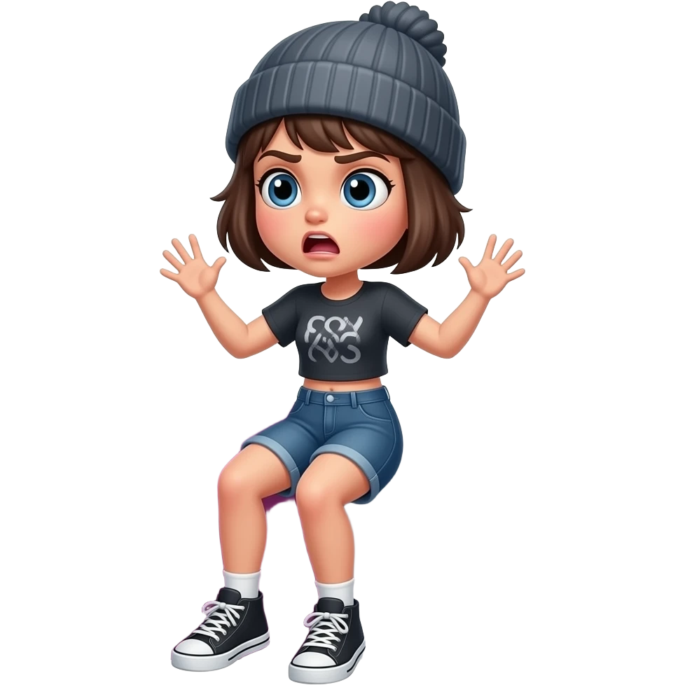 Tomgirl with short hair and beanie is shaking violently. The shakinf is indicated by a shimmering outline. She is sitting on a giant Adderall pill that is kind of a pillow.  She had one black eye and looks shocked. emoji